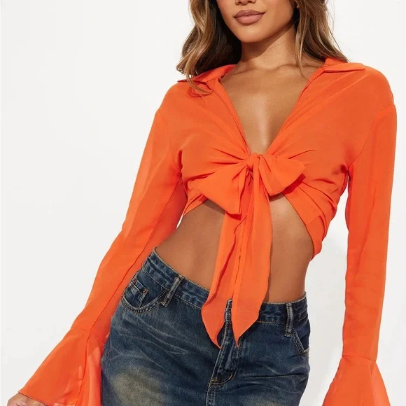 Orange Tie-Front Top - Picture 1 of 3